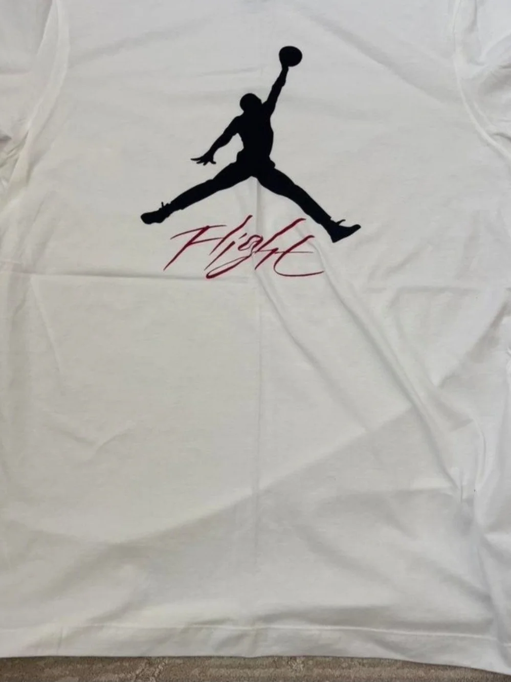 Jordan White Short-Sleeve Tee with Black Jumpman and Red Script